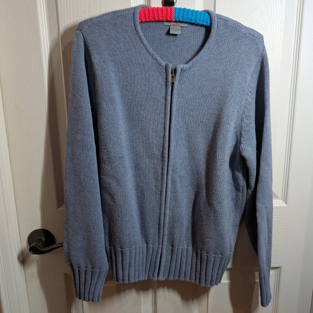 Mens Eddie Bauer light blue 100% cotton full zip cardigan, Large.